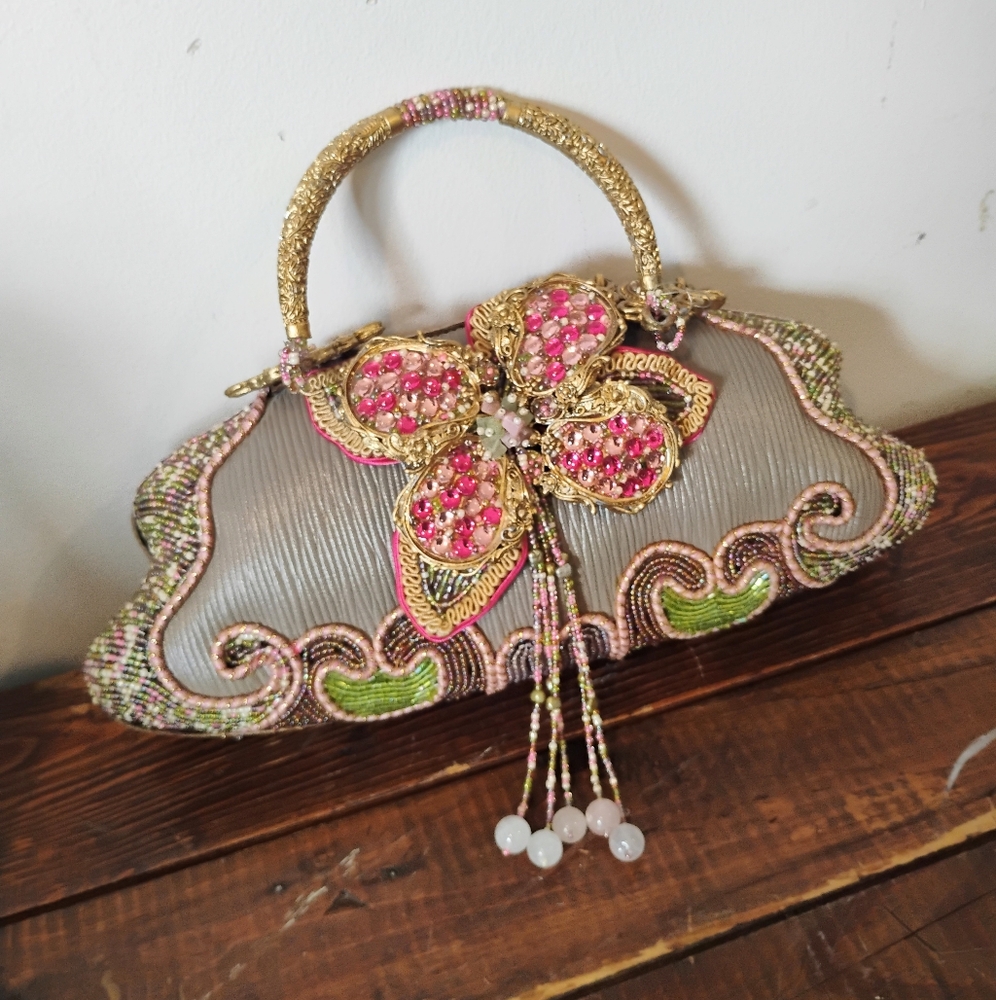 Mary Frances Pink, Gold and Green Beaded Floral Evening Bag